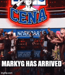 a sign that says cena on it with a man in the background