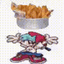 a cartoon character is standing next to a basket of french fries .