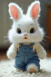 a stuffed white bunny wearing blue overalls is standing on a carpet