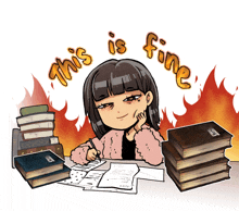 a cartoon of a girl sitting at a desk with books and the words this is fine above her