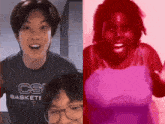 a man wearing a cs basketball shirt next to a woman wearing a pink tank top