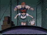a man is holding a girl who is holding a basket of rabbits