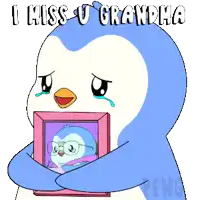 a penguin is crying while holding a picture of another penguin with the words i miss u grandma below it