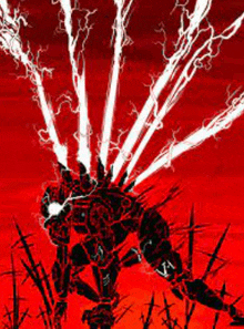 a painting of a monster with lightning coming out of it 's head on a red background .