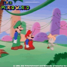 a cartoon of mario and luigi in a super mario world scene