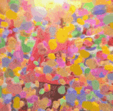 a painting of a person surrounded by a bunch of colorful objects