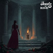 a woman in a red dress stands in front of a temple with the words jewel of rome written on the bottom