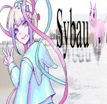 a pixel art of a girl giving a peace sign and the word sybau