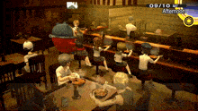 a group of people are sitting at tables in a restaurant and the time is 09 10