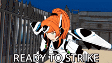 a cartoon of a girl standing next to a fence with the words ready to strike below her