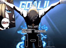 a poster for bastard munchen fc barcha shows a soccer player with his arms outstretched