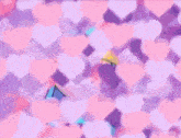 a cartoon character is surrounded by pink hearts on a blue background