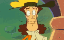a cartoon character is wearing a hat and making a face