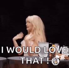 a woman is sitting at a table with a pitcher of water and a glass of water and says i would love that .