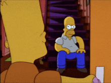 a cartoon of homer simpson sitting on the stairs