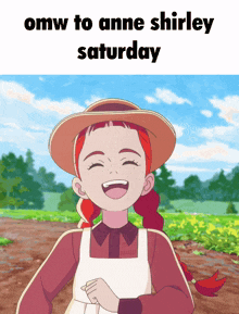 a cartoon of anne shirley laughing with the words omw to anne shirley saturday below her