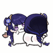 a cartoon drawing of a girl with purple hair sitting next to another girl .