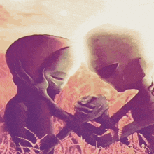 two aliens are holding hands in a field of tall grass