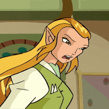 a cartoon drawing of a woman with long blonde hair and a letter m on her shirt