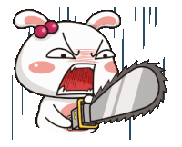 a cartoon rabbit is holding a chainsaw and making a face