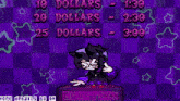 a purple background with a cartoon character and the words 10 dollars 20 dollars 25 dollars 30 dollars