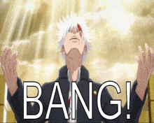 a man with white hair and a bandage on his head is screaming bang