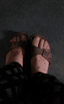 a pair of feet wearing sandals with a buckle
