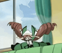 a cartoon character is laying on a bed with her arms outstretched