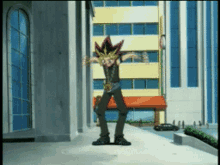 a cartoon character is dancing in front of a building with a red awning on it