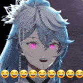 a girl with purple eyes is surrounded by smiley faces that are laughing