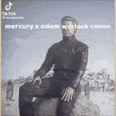 a man in a black suit is sitting on a rock with a caption that says mercury x adam warlock canon