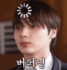 a close up of a boy 's face with a loading circle on his head