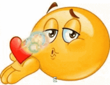 a cartoon smiley face is blowing a kiss and holding a red heart in its hand .