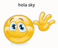 a yellow smiley face with blue eyes and the words hola sky above it