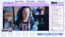 a screen shot of a woman sitting in a chair with headphones and the words team14 below her