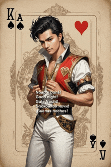 king spades playing card with a man in a red vest