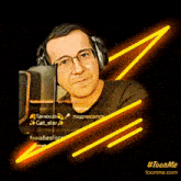 a drawing of a man wearing headphones and glasses with the website toonme.com