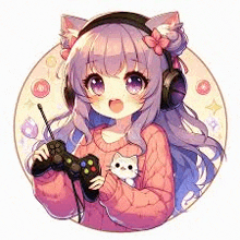 a girl with cat ears is holding a video game controller and wearing headphones .