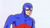 a cartoon of a man in a blue and red superhero suit