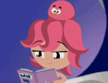 a cartoon girl with pink hair is reading a book