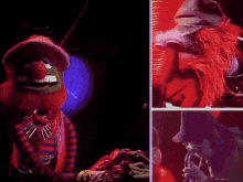 a collage of images of a clown with a purple ribbon that says ' a ' on it