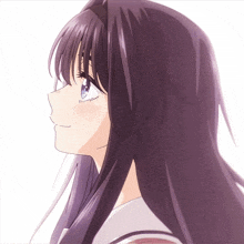 a close up of a girl with purple hair