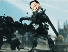 a cartoon of a man with glasses standing next to a robot with the letters fm on it