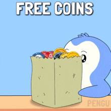 a penguin standing next to a bag of coins with the words free coins above it