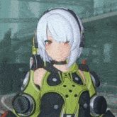 a girl with white hair is wearing headphones and a green and black outfit