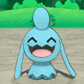 a pixel art drawing of a blue rabbit with a big smile on its face