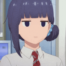 a girl with purple hair is wearing a red tie and a white shirt
