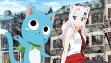 a blue cat and a white girl are standing next to each other in front of a building