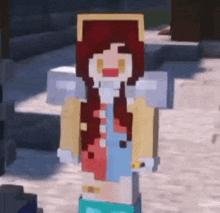 a minecraft character with long red hair and overalls is standing on a brick floor .
