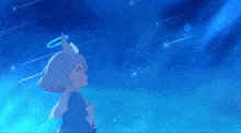 a girl with a halo on her head is looking up at the stars in the sky
